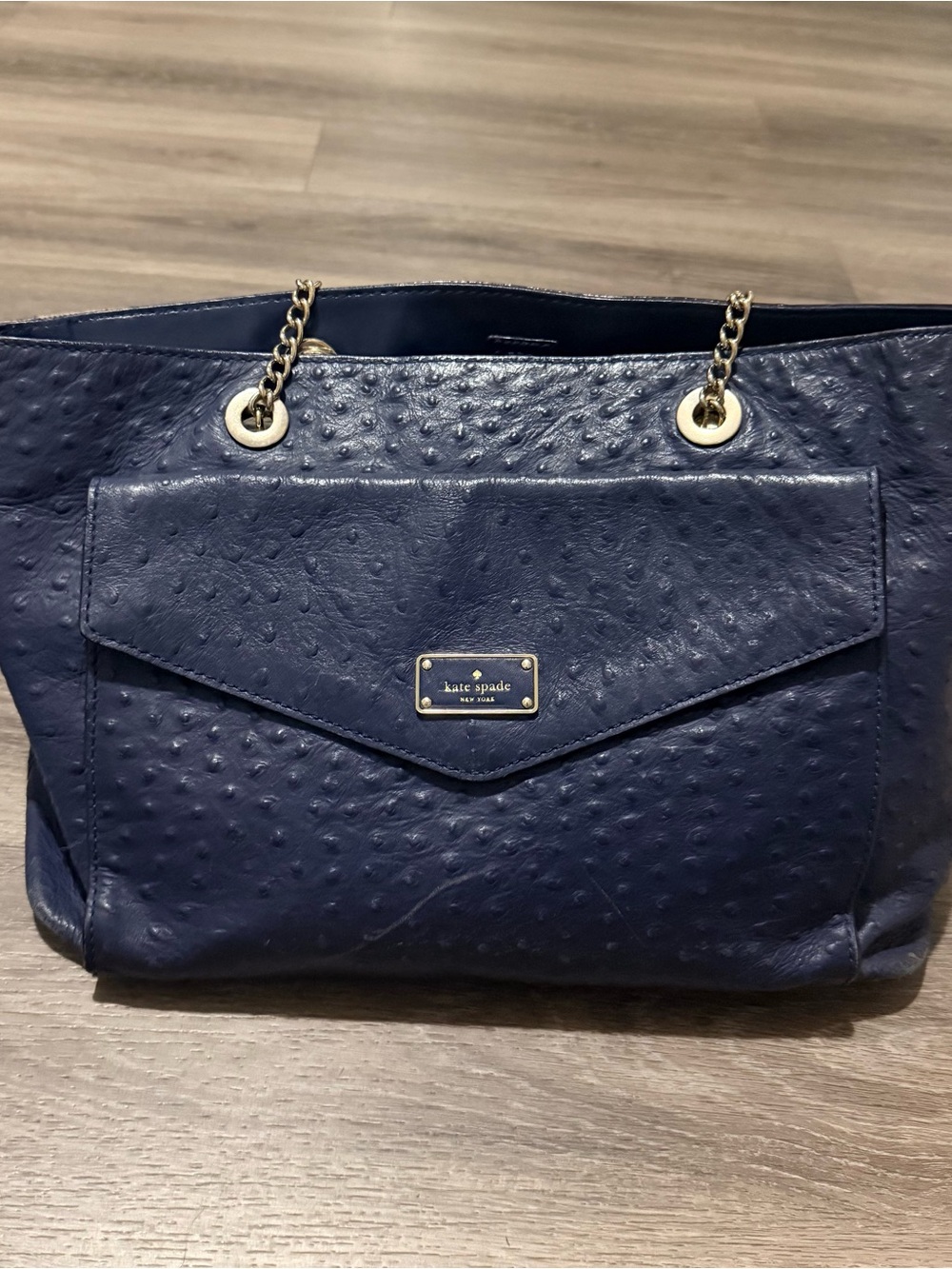 kate spade navy ostrich-embossed chain-strap tote